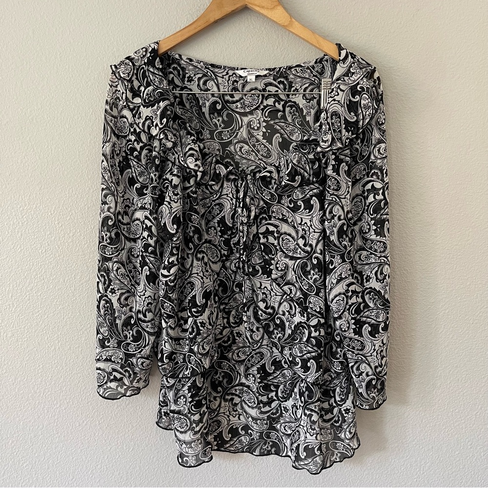Capacity Unlimited Black/White Paisley Ruffles Chiffon Blouse Size XL Fairy